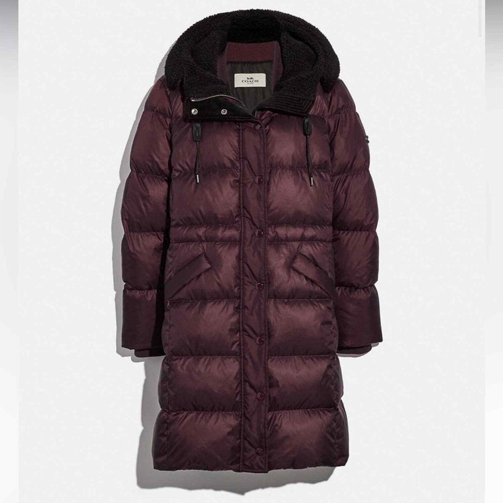 NWT Coach Quilted Long Puffer Coat Bordeaux Winter Jacket Maroon Faux Fur MEDIUM